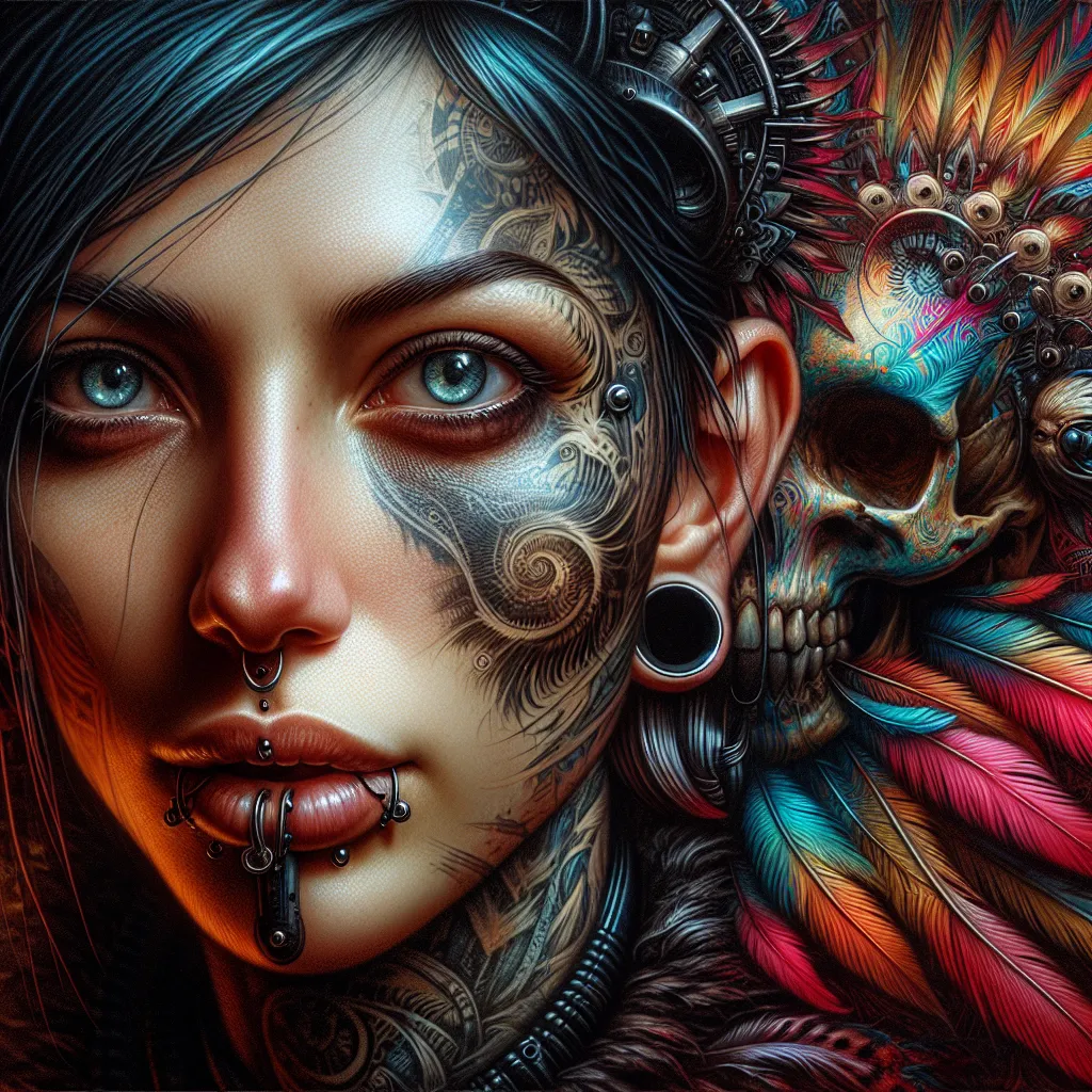 Prompt: Closeup, Head shot, a woman looking at viewer, with tattoos and piercings on her face and neck, with a colorful background of feathers and a skull, Art Germ, gothic art, highly detailed oil painting, cyberpunk art