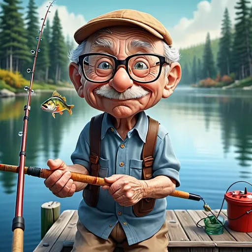 Prompt:  Ultra Photo realistic, 3D, Looney toons , a little person, 100 year old nerdy man glasses wearing holding a big fishing pole pointed toward the viewer reeling in a big fish, water splashing, boat dock on a lake setting, vibrant colors, detailed, high quality, adventure, vintage, detailed illustration, vibrant colors, atmospheric lighting