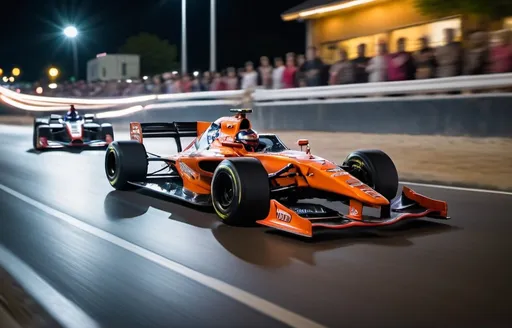 Prompt: Tracking shot, A race car racing fast passing a crowd of people at night, captured with very long exposure photography Nikon D850 DSLR camera f/4. ISO 200, 
Rear long speed blur trail, lights blur motion blur, fixed background