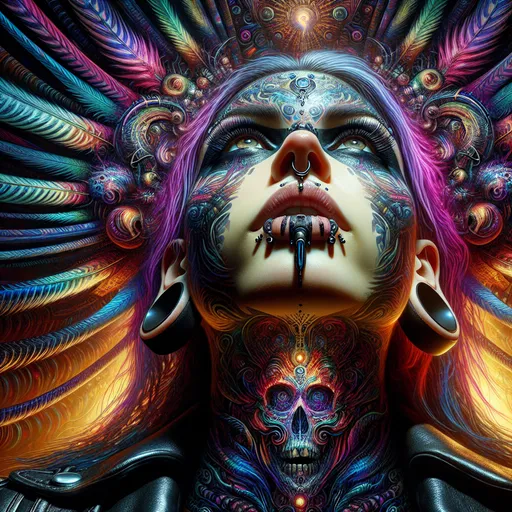 Prompt: Closeup view from below, Head shot, a woman looking at viewer, with tattoos and piercings on her face and neck, with a colorful background of feathers and a skull, Art Germ, gothic art, highly detailed oil painting, cyberpunk art