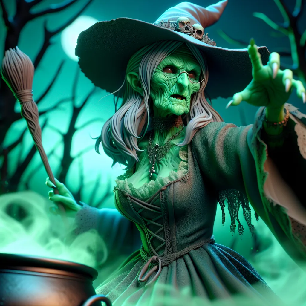 Prompt: 3D, closeup, anime style, half body shot, creepy angry green witch, old wrinkled woman, lifting arms yelling hysterically, dress, hat, wand, casting spells, smoking cauldron, dead forest, dark mood, high quality, detailed, anime, creepy, sinister, evil, green tones, atmospheric lighting, nighttime setting, professional