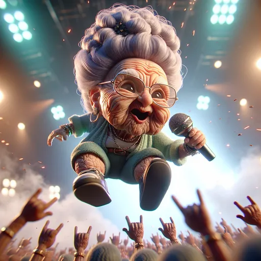 Prompt: 3D closeup View from below,  Looney Toons style, a little person, 100 year old very wrinkled old woman big 1980's hair style crazy hair with microphone, dressed as rock star (jump kicking on stage toward the viewer) singing "Let the bodies hot the floor", humorous surprised facial expression, realistic facial features, real sparks, drifting smoke, busy rock concert setting, stage lighting, high quality, high definition, vibrant colors