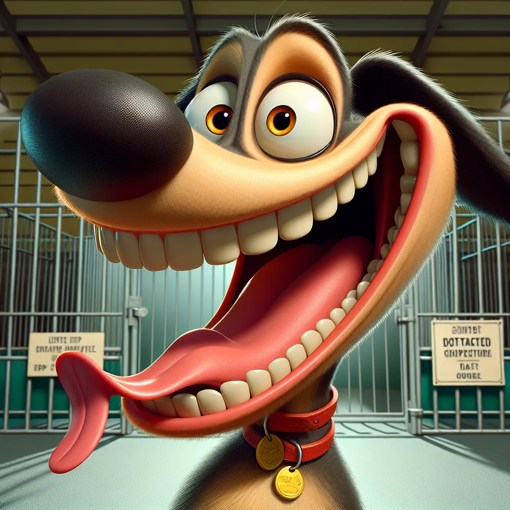 Prompt: Looney Toons style, a whimsical portrait of an very happy panting dog  with big friendly eyes, a big bulbous nose in viewer's face, big head, long ears, long tongue, long tall narrow neck with red collar and gold dog tags, silly facial expression, humorous, realistic facial features, dog pound kennel setting