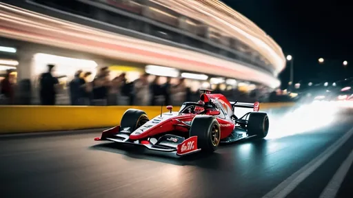 Prompt: Tracking shot, A race car racing fast passing a crowd of people at night, captured with very long exposure photography Nikon D850 DSLR camera f/4. ISO 200, tear speed blur trail, people and lights blur motion blur, background blur motion blur