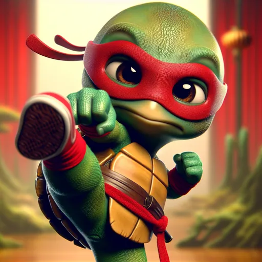 Prompt: Closeup Photo caricature, dynamic pose little person, hybrid, if a green ninja turtle were an elephant, with elephant trunk and elephant facial features, wearing turtle shell red mask red belt karate kick toward viewer holding sword, Chinese setting, humorous