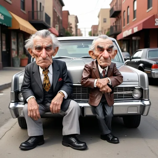 Prompt: Photo realistic, Looney Toons style, a little person, render whimsical closeup portrait of old, wrinkled 100-year-old people dressed as square jawed, scruffy Italian mafioso tough guys (holding a machine gun) in front of an old 1970's Lincoln Continental car in a Little Italy suburb, street attire, mean tough facial expressions, posing, humorous, high quality, detailed, photo realistic, Looney Toons style, wrinkled features, gray hair, modern street thugs, humorous, urban setting, vibrant colors, warm lighting, hi res