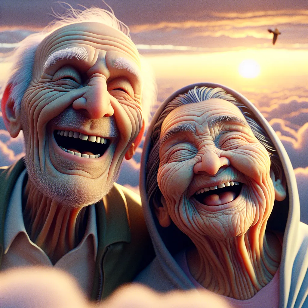 Prompt: 3D closeup, depth of field, an 85 year-old wrinkled old couple, very happy and smiling, floating high in the sky at dawn , a surreal and dreamlike dream world, Looney Toons style, meticulously detailed, hi-res, surreal, dreamlike, happy carefree expression, floating, vivid colors, Looney Toons style, meticulous detail, carefree atmosphere, humorous, warm lighting