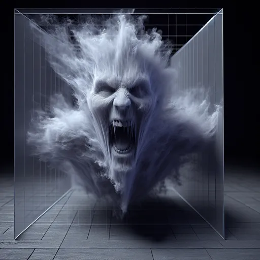 Prompt: 3D, Extreme closeup,  transparent ghost made of smoke passing through a wall, yelling at viewer, frightening