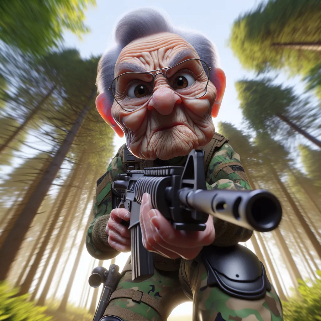 Prompt: 
Looney Toons, photo realistic, 3D, View from below, a little person,  100 year old wrinkled woman, grumpy wrinkled old woman  wearing camo face paint, camo combat gear and black boots pointing a big machine gun at the viewer, forest setting, action scene, humorous, funny exaggerated facial features, professional