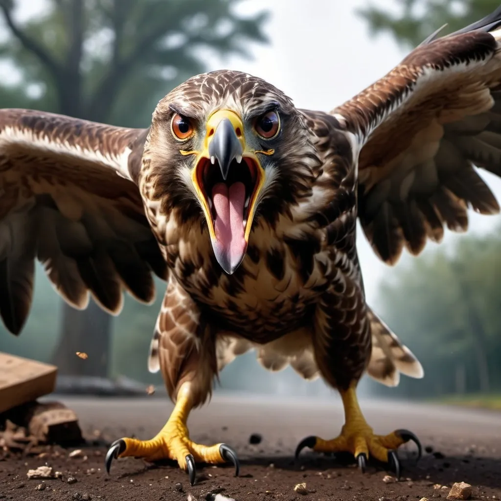 Prompt: Photo realistic, low angle, portrait, very angry intimidating dangerous hawk swooping down on the attack, beak open bared, biting at the camera, debris flying, big scary beak, scary angry eyes, frightening, dark outdoor  setting