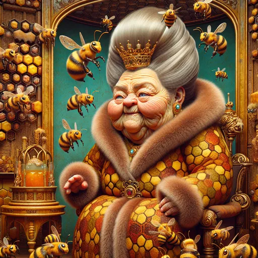 Prompt:  Looney Toons style, a whimsical portrait of a little person,  a wrinkled old 100 year old  fat wrinkled  woman with a big 1960's beehive hairdo, wearing a luxurious bee patterned real fur robe and golden crown, bee antennas on her head, her body resembles the detailed features of a queen bee, she is sitting on an ornate royal throne of gold diamonds and dripping with honey. Many other worker bees gather before her. Setting is inside of a beehive with honeycomb walls and a  floral decor, humorous, ultra high resolution, detailed realistic textures and patterns