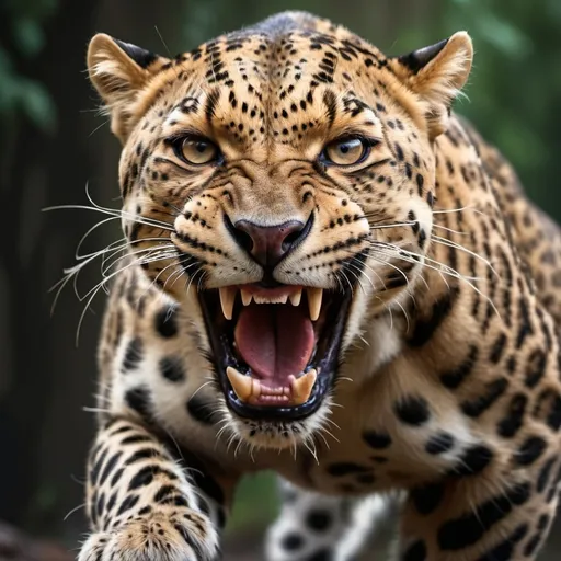Prompt: Photo realistic, depth of field, low angle, portrait, very angry intimidating dangerous leopard on the attack, teeth bared, running jumping on the camera, barking, drooling, debris flying, big scary claws, frightening, dark jumgle