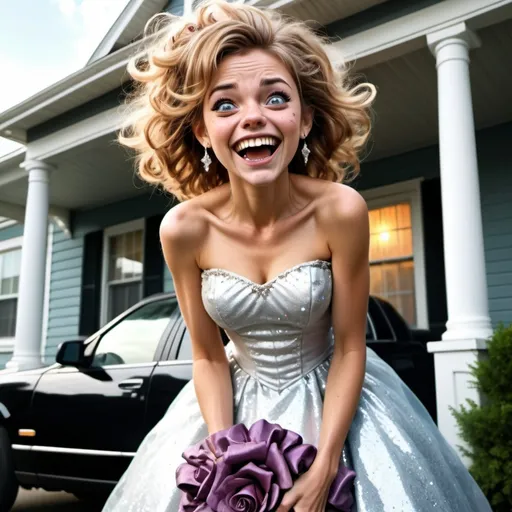 Prompt: 3D portrait, anime style, full body View from below, a little person, hillbilly meth addict, big smile, an aggressive posture, wrinkled woman, big dentures, buck teeth, messy hair, huge hungry eyes, exaggerated haggard facial expression, hands extended awkwardly toward the viewer, jumping leaping off her front porch, shiny glitter prom dress, corsage, action scene , humorous, realistic facial features, intricate natural hair details, prom limo at night setting,  natural sunlight, comical, hi res, vibrant color