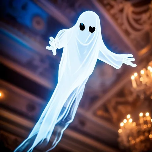 Prompt: Closeup, Transparent ghost flying across a victorian ballroom