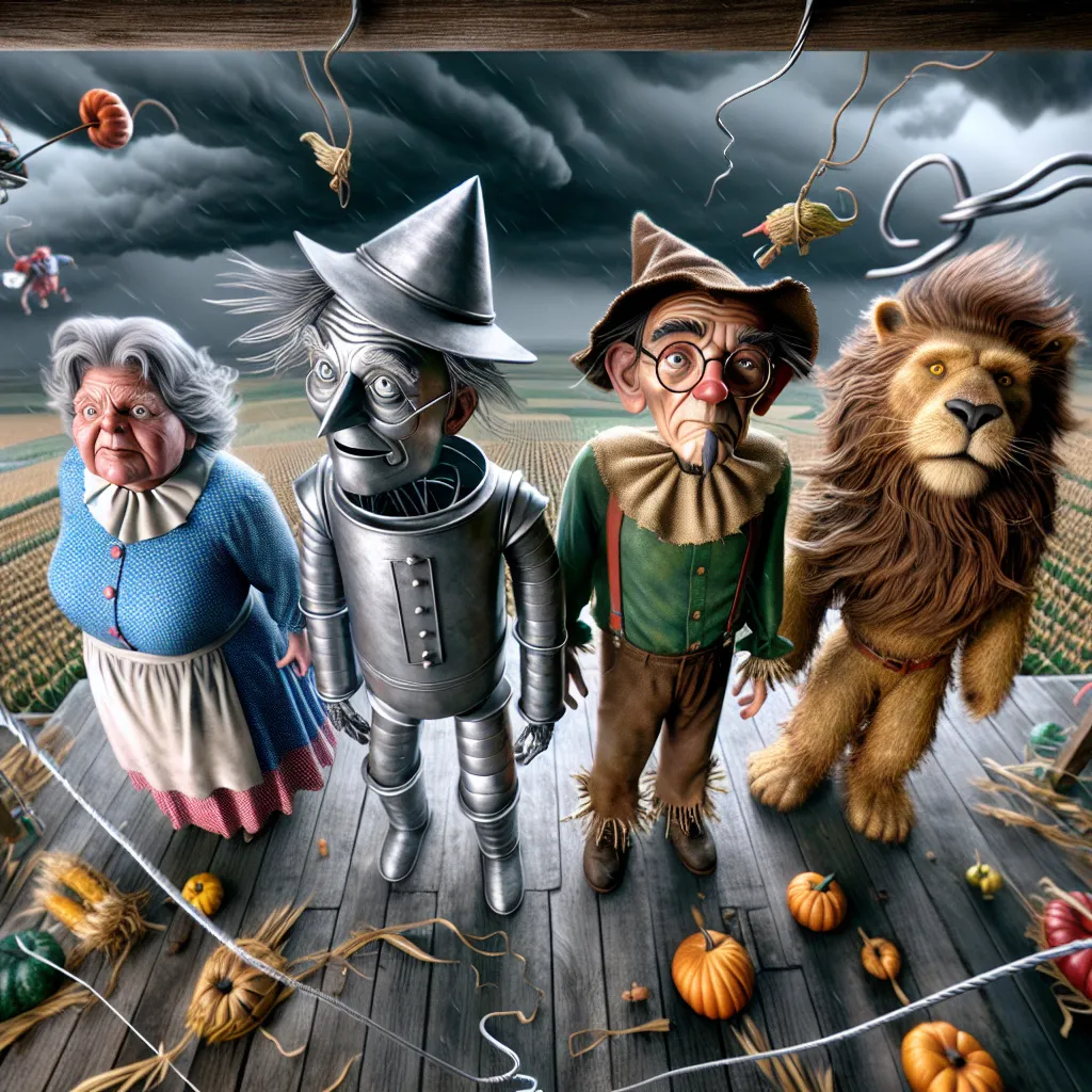 Prompt: Photo realistic, view from above, Looney Toons style, render portrait,  ( 100 year old Dorothy, Tin Man, Cowardly Lion and Scarecrow from Wizard of Oz) randomly flying around in a tornado, dark storm clouds,  Kansas farm setting, hi res, detailed features, 