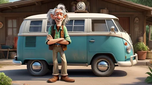 Prompt: Disney pixar comical character, 3D  render style, very deeply wrinkled 100 year old man smoking weed  standing barefoot in front of an old VW van, 1960's peace sign, old hippy man in hippie clothing smoking weed, smiling, crazy long messy hair, many finely detailed exaggerated deep wrinkles, extra wrinkles, detailed craggy facial features, whimsical, cinematic colors, front porch setting