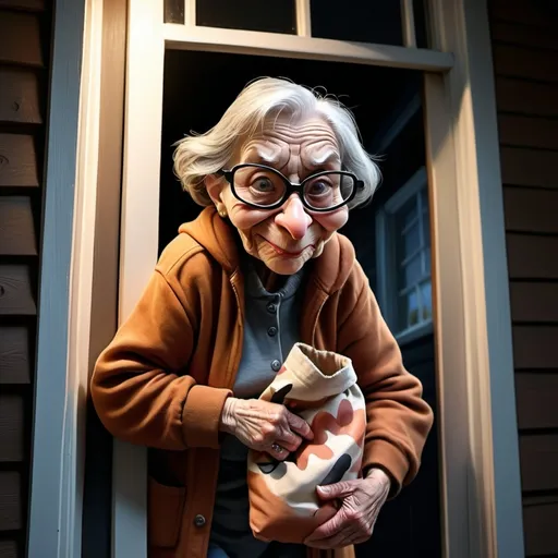 Prompt: Photo realistic, 3D  portrait, Looney toons style, a little person, a 75 year old wrinkled old lady masked burglar climbing out of a house window at night with a sack over her shoulder,  sneaky facial expression, dog barking, detailed facial features, ultra high resolution, night time porch lighting, humorous, back yard porch setting