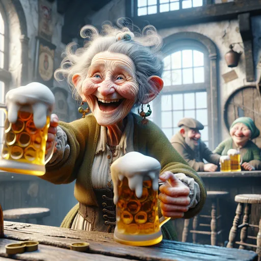 Prompt: 
Looney Toons, photo realistic, 3D, a little person,  100 year old wrinkled woman, happy wrinkled old woman smiling holding 3 beer mugs, serving the viewer at a table in a seedy tavern, action scene, humorous, funny exaggerated facial features, vibrant color, 