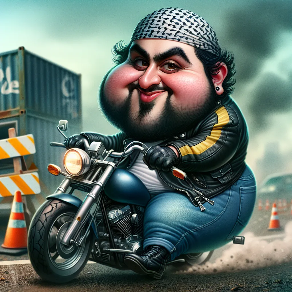 Prompt: 
Closeup Ultra Realistic Whimsical caricature of a cheeky plump male biker riding a motorcycle with expressive dark hair, blue jeans skull cap helmet and a yellow and black leather jacket he is in a dynamic pose at a highway  job site. he is wearing black boots,  seedy "Biker Bar" background misted soft muted colours chic art cool vibes