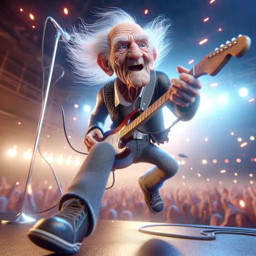 Prompt: 3D View from below,  Looney Toons style, a little person, 100 year old very wrinkled old man with electric guitar , long crazy hair dressed as rock star (jump kicking on stage toward the viewer) singing "Let the bodies hot the floor", humorous surprised facial expression, realistic facial features, real sparks, drifting smoke, busy rock concert setting, stage lighting, high quality, high definition, vibrant colors