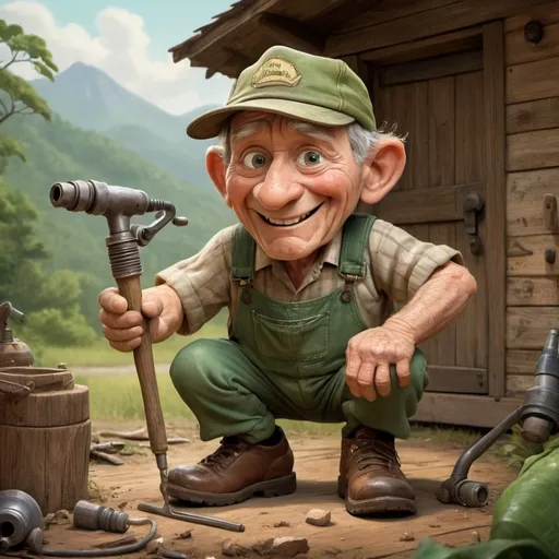 Prompt: Portrait, Pixar, a little person, A (barefoot wrinkled old hillbilly) wearing coveralls (drilling holes through the top a crocodile head with an old fashion hand drill), humorous, detailed, country cabin in a green mountain setting