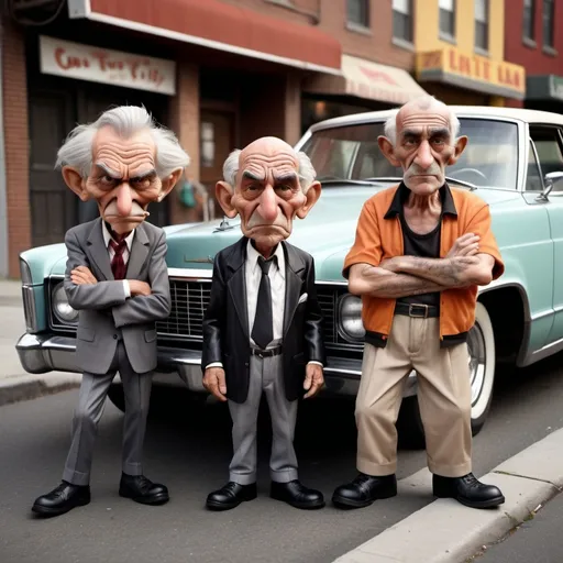 Prompt: Photo realistic, Looney Toons style, a little person, render whimsical closeup portrait of old, wrinkled 100-year-old people holding baseball bats dressed as square jawed, scruffy Italian mafioso tough guys in front of an old 1970's Lincoln Continental car in a Little Italy suburb, street attire, mean tough facial expressions, posing, humorous, high quality, detailed, photo realistic, Looney Toons style, wrinkled features, gray hair, modern street thugs, humorous, urban setting, vibrant colors, warm lighting, hi res