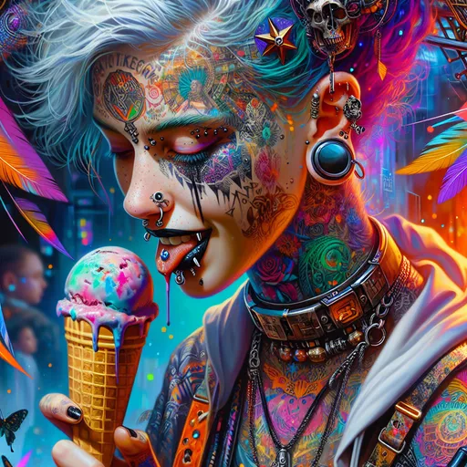 Prompt: Closeup view from below, Head shot, a woman looking down at viewer licking an ice cream cone, with tattoos and piercings on her face and neck, with a colorful background of feathers and a skull, Art Germ, gothic art, vibrant colors, highly detailed oil painting, cyberpunk art