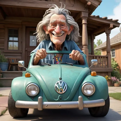 Prompt: Disney pixar comical character, 3D render style, very deeply wrinkled 100 year old man sitting on an old VW Bug, old hippy man in hippie clothing smoking weed, smiling, crazy long messy hair, many finely detailed exaggerated deep wrinkles, extra wrinkles, detailed craggy facial features, whimsical, cinematic colors, front porch setting