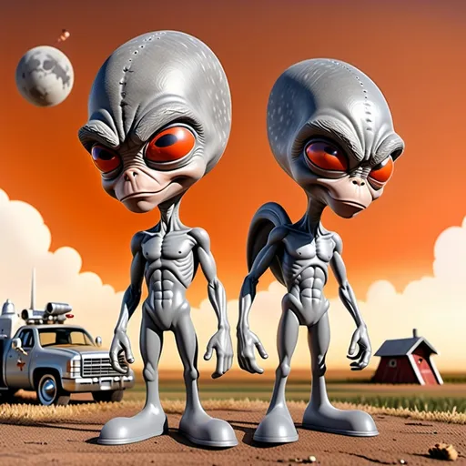 Prompt: Photo realistic, style Looney Toons, a little person, Alien Dukes of Hazard, Two classic gray aliens with detailed mullet hair style standing, background is a reddish orange  Redneck alien spaceship with Confederate flag rebel flag painted on top, country farmland rural setting, rustic metallic texture, retro sci-fi, warm tones, vintage lighting, detailed spaceship design, detailed weathered , high quality