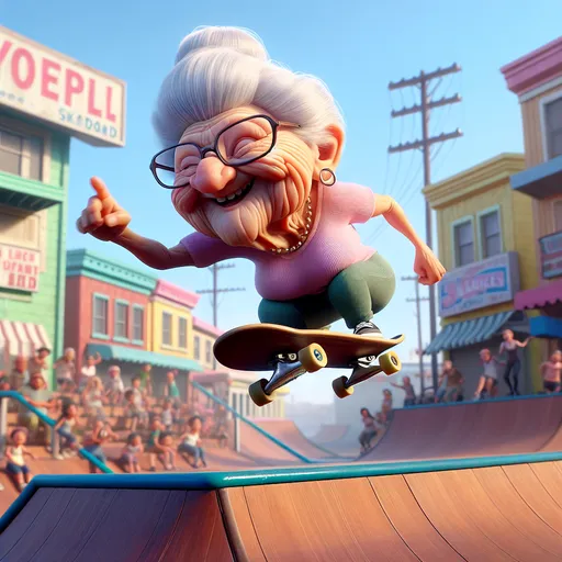 Prompt:  3D portrait, Fleischer Cartoon style, a little person, wrinkled old lady excited, riding jumping a skateboard over a ramp very fast toward viewer, busy neighborhood skate park setting, vivid colors, hi res