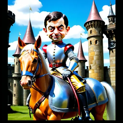 Prompt: Ultra Realistic, a little person, Mr Bean, dressed as a Knight, goggles, Steampunk, holding a lance, sitting on horse with saddle, Victorian Era castle setting, whimsical, comical, Looney Toons, vibrant colors, high quality, realistic facial features, animated, cartoon realism, details