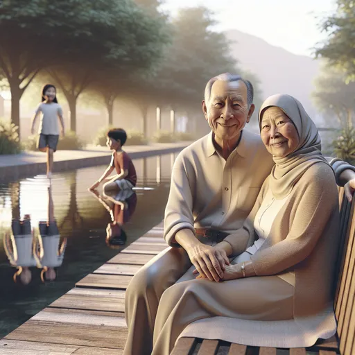 Prompt: an older man and woman sitting on a bench next to each other (children reflection in the water), Filip Hodas, photorealism, photorealistic imagery, a 3D render