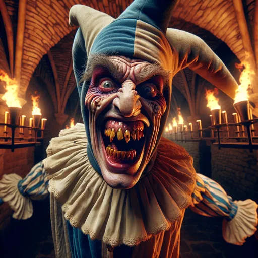 Prompt: Closeup of A magnificently wicked medieval court jester rotten teeth, jumping, laughing, heckling the prisoners in the King's dungeon, dark dreary, fire torch lit castle setting, frightening action scene