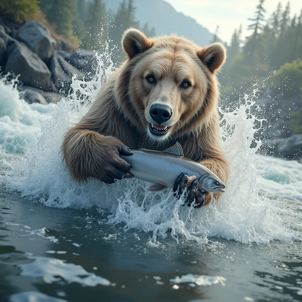 Prompt: 3d photo realistic viewer POV, perspective view from below, transparent, water drops, a grizzly bear made from water, water shaped into a grizzly bear is reaching down into rapidly moving flowing water directly toward the viewer splashing into a body of water clutching a transparent water salmon in its paws in a dynamic pose!