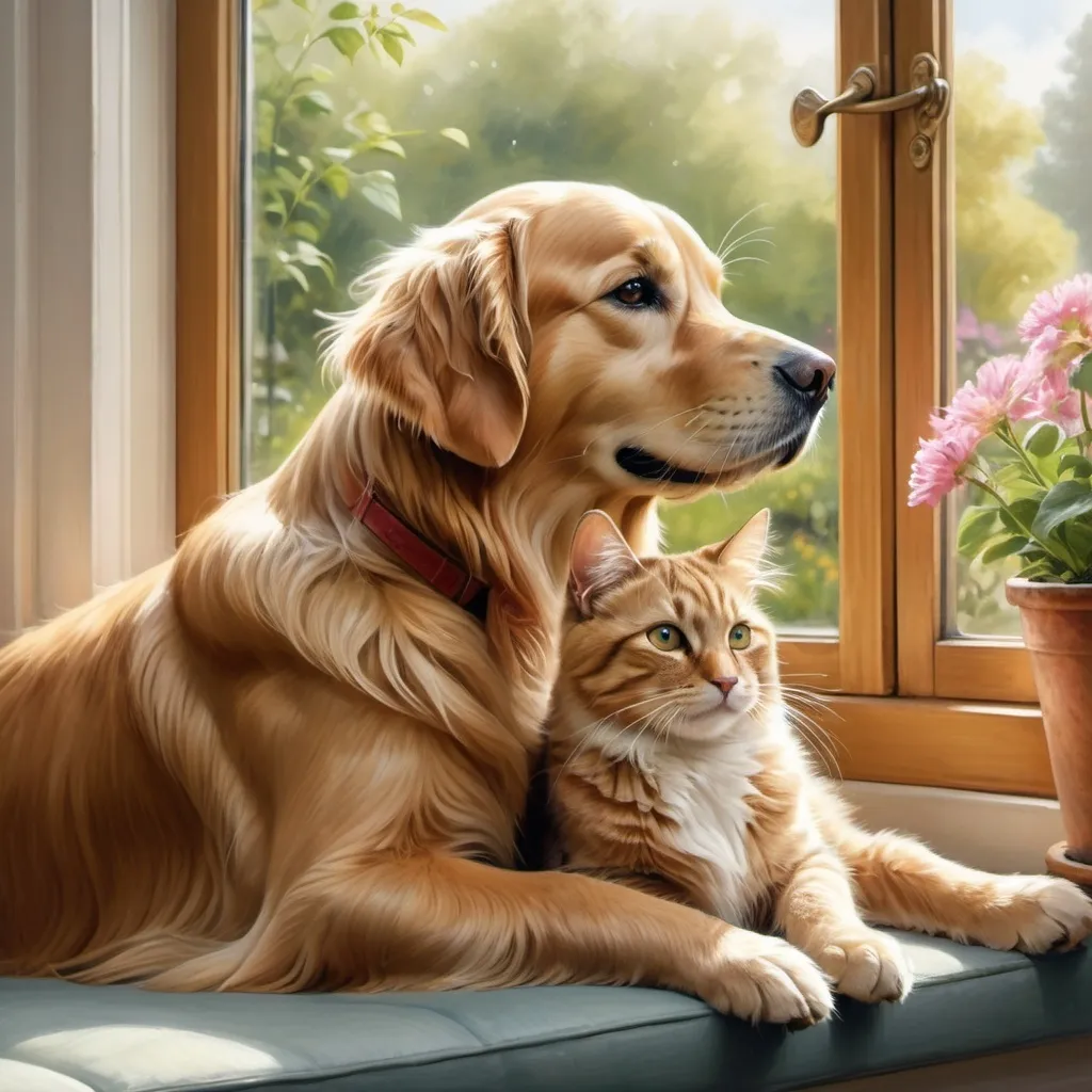 Prompt: Photo realistic illustration of a golden retriever and tabby cat, sitting in a window seat, heartwarming closeness, beautiful garden view, detailed fur and whiskers, high quality, realistic, natural lighting, garden setting, pet companionship, emotional warmth, detailed painting, golden retriever, tabby cat, window seat, garden view, realistic fur, natural lighting, emotional connection, heartwarming, pet companionship, beautiful illustration