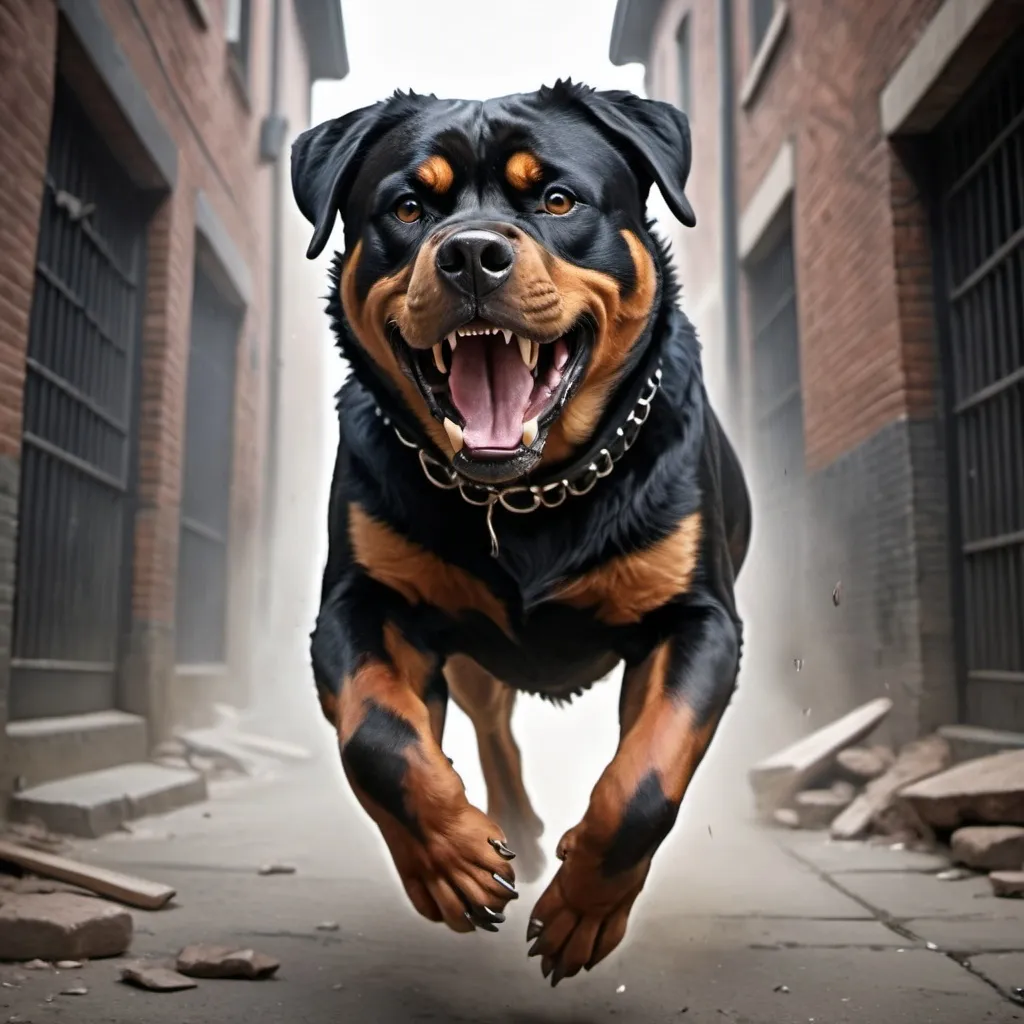 Prompt: Photo realistic, low angle, portrait, very angry intimidating dangerous Rottweiler on the attack, teeth bared, running jumping on the camera, barking, drooling, debris flying, big scary spiked collar frightening, dark alley setting