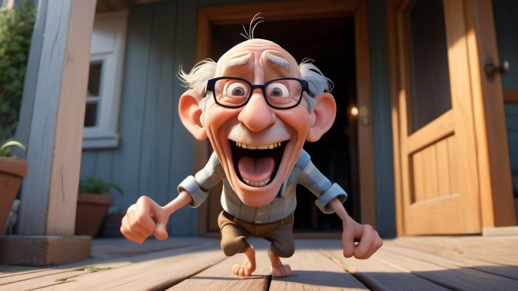 Prompt: Disney pixar character, 3D render style, super happy very skinny old man very comically wrinkled, wrinkles on wrinkles, messy hair, jumping leaping up on a porch, many feral cats ,humorous  exciting action scene, cinematic colors