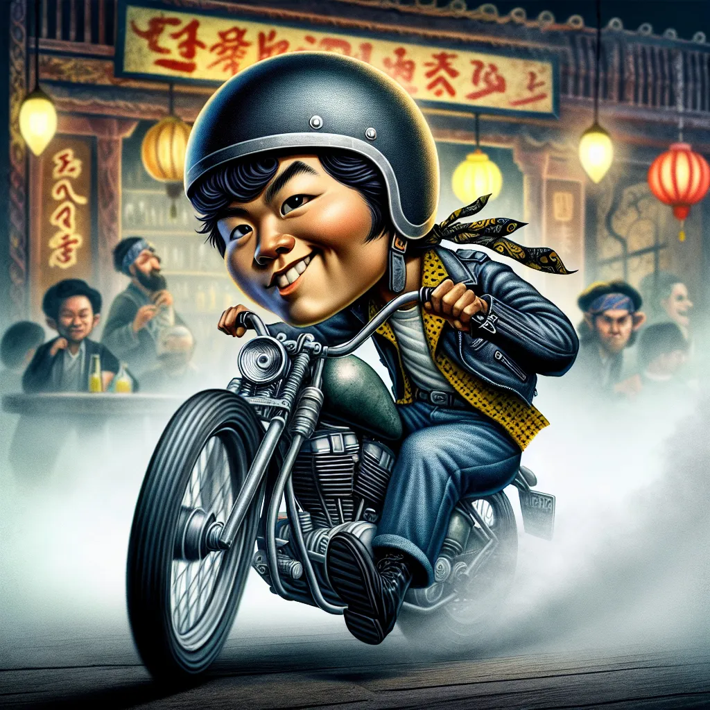 Prompt: 
Closeup Ultra Realistic Whimsical caricature of a cheeky man biker riding a motorcycle with expressive dark hair, blue jeans skull cap helmet and a yellow and black leather jacket he is in a dynamic pose. he is wearing black boots,  seedy "Biker Bar" background misted soft muted colours chic art cool vibes