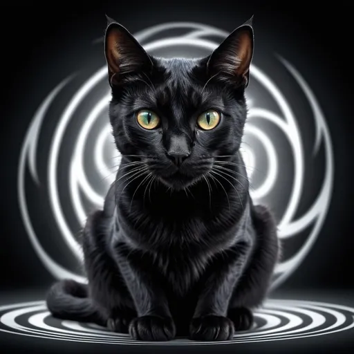 Prompt: full body portrait of a Black cat with hypnotic spiral eyes,detailed fur with cool reflections, intense and focused gaze, detailed eyes, professional, atmospheric lighting, highres, animal, detailed, hypnotic, intense stare, animated design, professional, atmospheric lighting, cool tones vetctor art