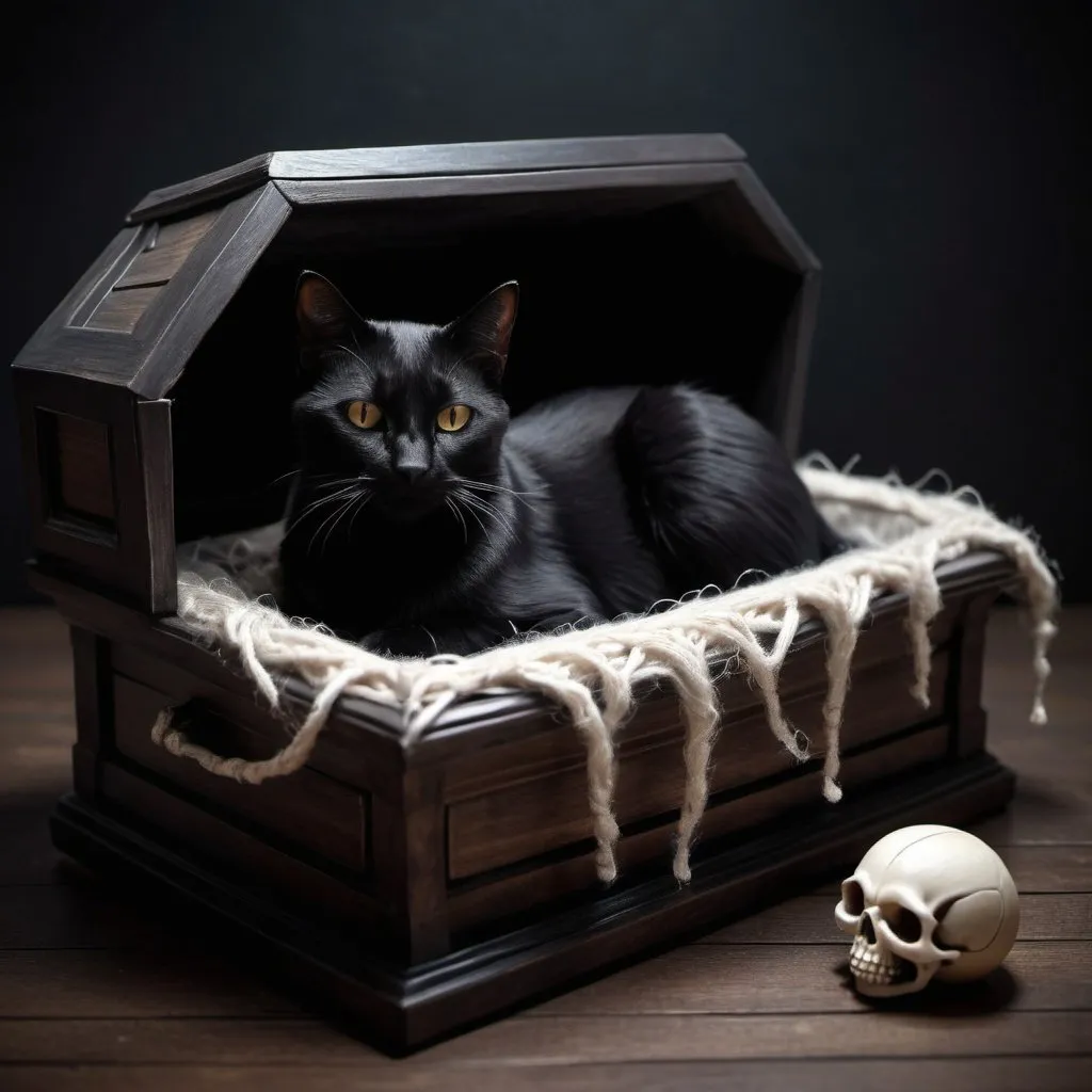 Prompt: Black cat in coffin-shaped bed, yarn ball, skeleton toy, high quality, detailed, dark art, gothic style, eerie lighting, realistic fur textures, spooky atmosphere