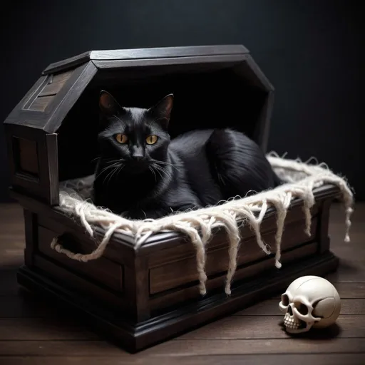 Prompt: Black cat in coffin-shaped bed, yarn ball, skeleton toy, high quality, detailed, dark art, gothic style, eerie lighting, realistic fur textures, spooky atmosphere