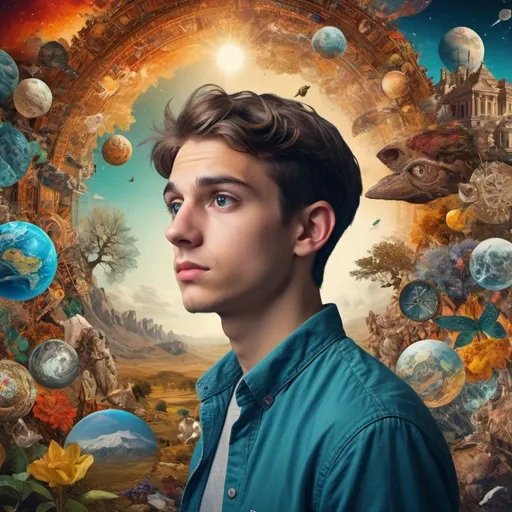 Prompt: thoughtful young man in his early 20s, (symbolizing insatiable curiosity), central composition, dynamic collage background, elements of science, art, history, technology, and nature, vibrant color palette, intricate details highlighting knowledge fields, engaging atmosphere, sense of wonder and exploration, high contrast, (4K) ultra-detailed image quality.