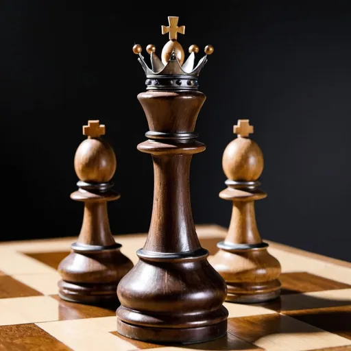 Prompt: Can you please show me a king chess made out of wood with metal details and crown?