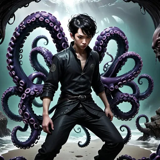 Prompt: (male), short black hair, dynamic pose, tentacles intricately coiling behind the back, (ominous and intriguing atmosphere), dark and cool-tone colors, contrasting with hints of vibrant hues, detailed scales and textures on tentacles, atmospheric lighting casting shadows, (ultra-detailed), high-quality image capturing a sense of mystery and power, asian chinese carrying the tentacles