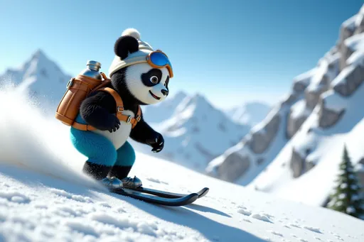 Prompt: A dynamic skiing scene featuring 3D animated cute panda and mouse 155e619b with black and white fur, round ears, brown backpack with metal bottle skiing down a snow-covered mountain slope, wearing a vibrant light blue ski outfit with ski boots and gloves, completed by a white beanie and bright colored ski goggles. Positioned in the middle-right of the frame in an active skiing pose, the body leans slightly forward to showcase motion. The expression appears focused and engaged, oriented towards the lower-right area of the image. The winter landscape features a bright blue sky, snow-capped mountains, and expansive fresh snow. Bright sunny lighting emphasizes snow textures, with a slightly downward-angled perspective highlighting the ski run. Color scheme focuses on cheerful shades of blue, white, and light gray. The background includes additional mountains.