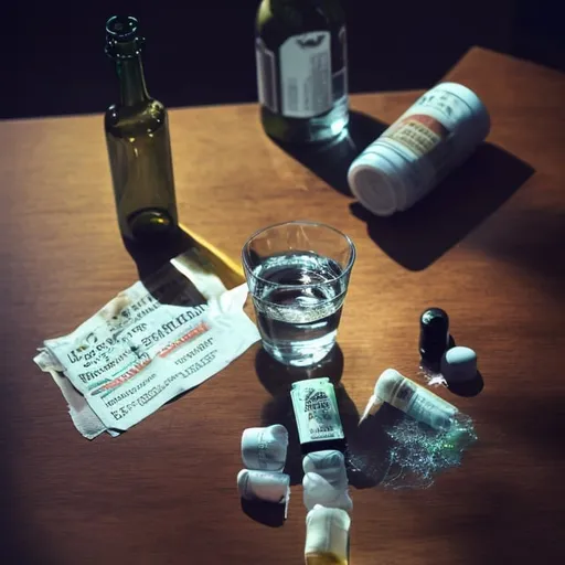 Prompt: Top-down view of almost empty bottle of white wine, empty wine glass, empty pack of sleeping pills, deceased person's open fist, visible razor mark, highres, detailed, realistic, somber, low key lighting, dramatic shadows, eerie atmosphere, wooden table, tilted bottle, deceased person's hand, wine bottle, empty wine glass, empty pack of pills, subdued colors, somber mood, detailed composition