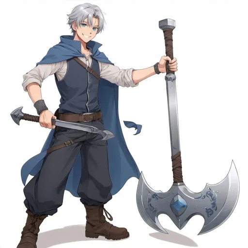 Prompt: An anime male adventurer in his teens in a fantasy period era. Who wields a steel battle axe and wears casual clothes. He has short silver hair and blue eyes, he smiles a lot.