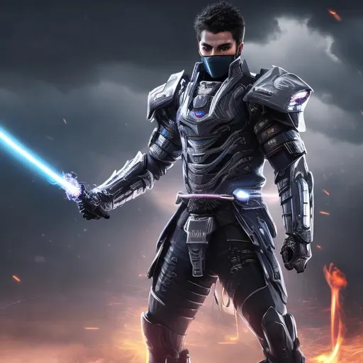 Prompt: Male, futuristic electric armoured suit, lights, young, smirk, wielding an electric flaming futuristic katana, thunderstorm background, black hair, blue eyes, brazilian, samurai