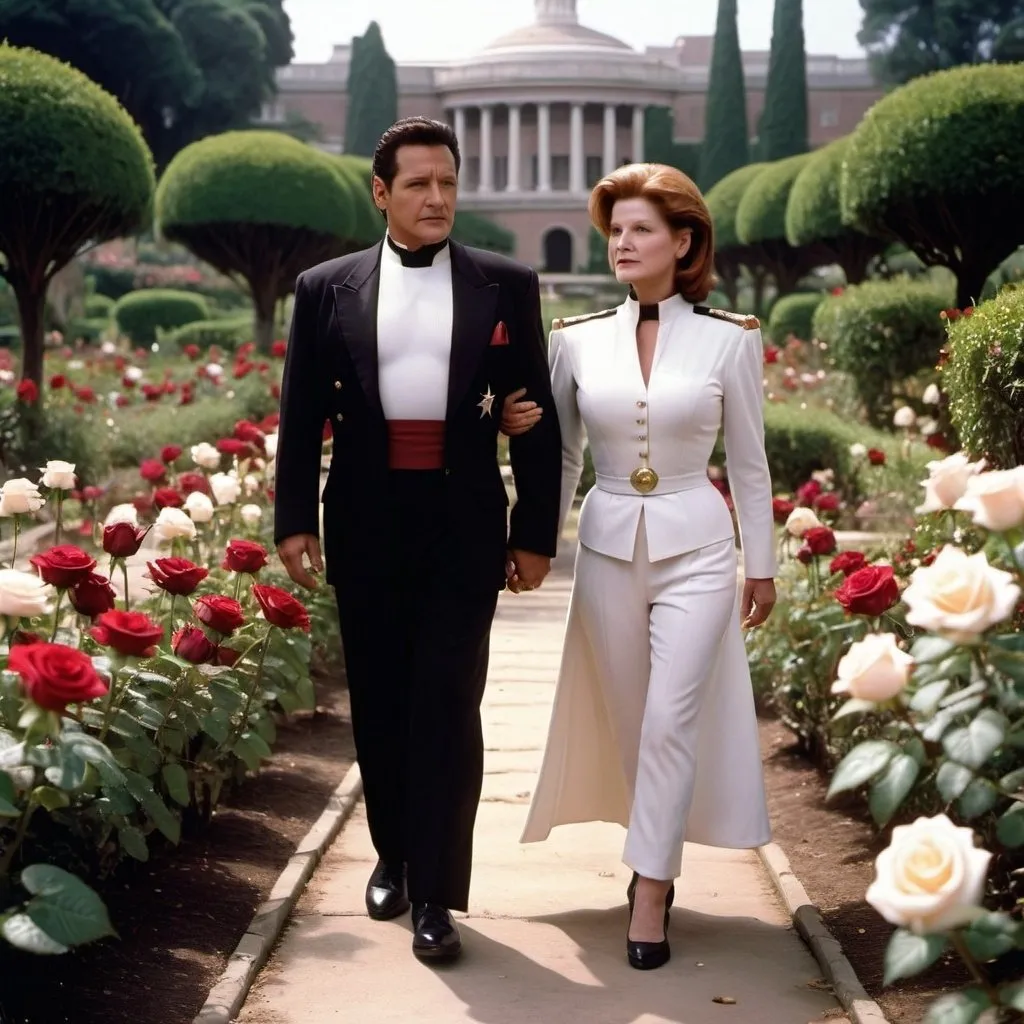 Prompt: Captain Kathryn Janeway adorned in White fancy dress walks along the rose gardens with commander  Chakotay 