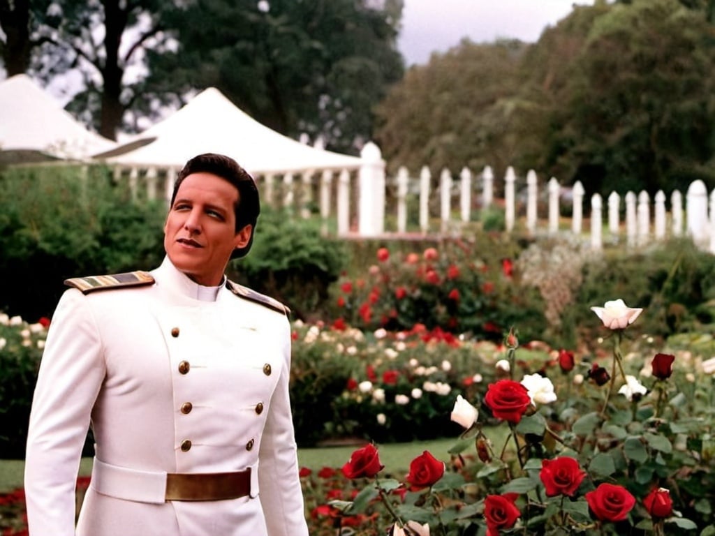 Prompt: Captain Kathryn Janeway adorned in White fancy dress walks along the rose gardens with commander  Chakotay 